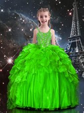 Elegant Lace Up Little Girl Pageant Dress Beading and Ruffles Sleeveless Floor Length