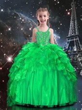 Classical Sleeveless Floor Length Beading and Ruffles Lace Up Kids Formal Wear with Apple Green