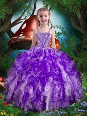 New Arrival Eggplant Purple Ball Gowns Organza Spaghetti Straps Sleeveless Beading and Ruffles Floor Length Lace Up Girls Pageant Dresses