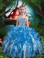 Excellent Sleeveless Organza Floor Length Lace Up Little Girl Pageant Dress in Blue for with Beading and Ruffles