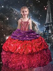 New Style Pick Ups Red Sleeveless Organza Lace Up Kids Pageant Dress for Party and Wedding Party