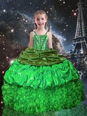 New Arrival Spaghetti Straps Sleeveless Organza Girls Pageant Dresses Beading and Ruffles and Pick Ups Lace Up