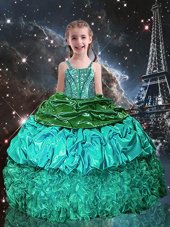 Fashionable Green Organza Lace Up Little Girl Pageant Dress Sleeveless Floor Length Beading and Ruffles