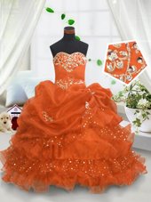 On Sale Orange Ball Gowns Sweetheart Sleeveless Organza Floor Length Lace Up Beading and Ruffled Layers and Pick Ups Girls Pageant Dresses