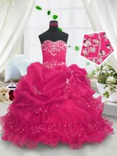Latest Fuchsia Ball Gowns Organza Sweetheart Sleeveless Beading and Ruffled Layers and Pick Ups Floor Length Lace Up Little Girl Pageant Dress