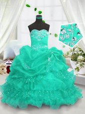 Elegant Sweetheart Sleeveless Child Pageant Dress Floor Length Beading and Ruffled Layers and Pick Ups Turquoise Organza
