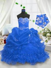 Excellent Sweetheart Sleeveless Kids Pageant Dress Floor Length Beading and Ruffled Layers and Pick Ups Baby Blue Organza