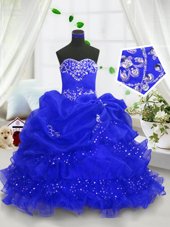 Great Royal Blue Organza Lace Up Kids Formal Wear Sleeveless Floor Length Beading and Ruffled Layers and Pick Ups