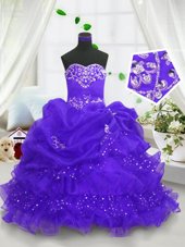 Super Blue Lace Up Kids Formal Wear Beading and Ruffled Layers and Pick Ups Sleeveless Floor Length