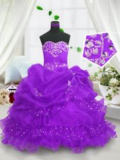 Glorious Sleeveless Floor Length Beading and Ruffled Layers and Pick Ups Lace Up Little Girls Pageant Gowns with Purple
