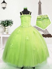 Top Selling Apple Green Tulle Zipper Spaghetti Straps Sleeveless Floor Length Kids Pageant Dress Beading and Appliques