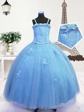 Excellent Spaghetti Straps Sleeveless Little Girl Pageant Dress Floor Length Beading and Appliques Baby Blue Tulle