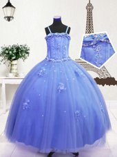 Inexpensive Teal Ball Gowns Tulle Spaghetti Straps Sleeveless Beading and Hand Made Flower Floor Length Zipper Kids Pageant Dress