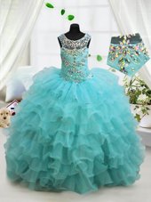 Organza Scoop Sleeveless Lace Up Beading and Ruffled Layers Pageant Gowns For Girls in Aqua Blue