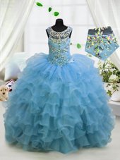 New Style Scoop Sleeveless Lace Up Floor Length Beading and Ruffled Layers Pageant Gowns For Girls