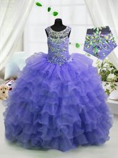 Nice Scoop Floor Length Lace Up Little Girls Pageant Dress Baby Blue and In for Party and Wedding Party with Beading and Ruffled Layers