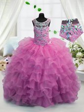 Enchanting Scoop Hot Pink Lace Up Child Pageant Dress Beading and Ruffled Layers Sleeveless Floor Length