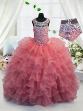 Simple Scoop Floor Length Baby Pink Kids Pageant Dress Organza Sleeveless Beading and Ruffled Layers