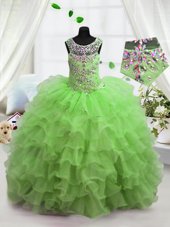 Scoop Apple Green Ball Gowns Beading and Ruffled Layers Little Girls Pageant Dress Wholesale Lace Up Organza Sleeveless Floor Length