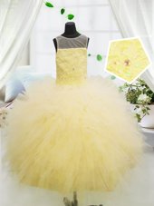 Fashionable Tulle Scoop Sleeveless Zipper Beading and Appliques Kids Formal Wear in Light Yellow