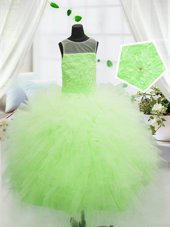 Trendy Scoop Apple Green Tulle Zipper Little Girls Pageant Dress Wholesale Sleeveless Floor Length Beading and Appliques