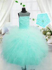 Affordable Scoop Turquoise Tulle Zipper Pageant Gowns For Girls Sleeveless Floor Length Beading and Appliques
