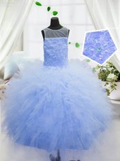Unique Scoop Beading and Ruffles Little Girl Pageant Dress Baby Blue Zipper Sleeveless Floor Length