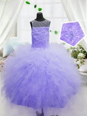 Customized Purple Scoop Neckline Beading and Ruffles Little Girls Pageant Gowns Sleeveless Zipper