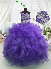 Dazzling Floor Length Lace Up Little Girl Pageant Dress Eggplant Purple and In for Party and Wedding Party with Beading and Ruffles