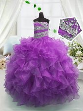 Fancy Purple Sleeveless Beading and Ruffles Floor Length Little Girl Pageant Dress
