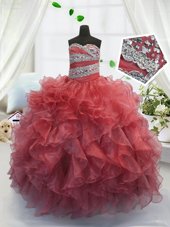 Perfect Watermelon Red Sleeveless Beading and Ruffles Floor Length Little Girls Pageant Gowns