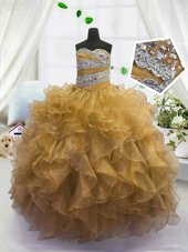 Floor Length Lace Up Girls Pageant Dresses Orange and In for Party and Wedding Party with Beading and Ruffles