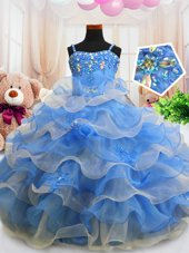 Stylish Sleeveless Floor Length Beading and Ruffled Layers Zipper Pageant Gowns For Girls with Blue