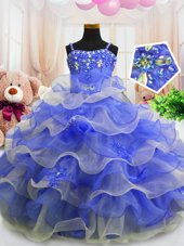 Luxurious Floor Length Blue Little Girl Pageant Gowns Organza Sleeveless Beading and Ruffled Layers