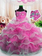 Elegant Hot Pink Sleeveless Floor Length Beading and Ruffled Layers Zipper Little Girls Pageant Dress Wholesale