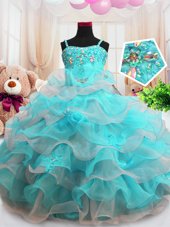 Hot Sale Aqua Blue Sleeveless Beading and Ruffled Layers Floor Length Little Girls Pageant Dress