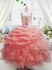 Hot Selling Peach Organza Zipper Square Sleeveless Floor Length Child Pageant Dress Beading and Ruffles and Pick Ups