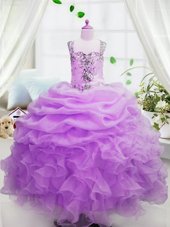 Perfect Square Sleeveless Organza Girls Pageant Dresses Beading and Ruffles and Pick Ups Zipper