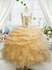 Custom Made Sleeveless Organza Floor Length Zipper Girls Pageant Dresses in Champagne for with Beading and Ruffles and Pick Ups