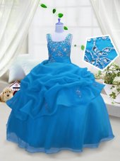 Amazing Aqua Blue Organza Lace Up Little Girl Pageant Dress Sleeveless Floor Length Beading and Pick Ups