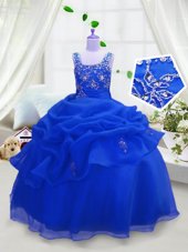Modern Royal Blue Organza Zipper Straps Sleeveless Floor Length Girls Pageant Dresses Beading and Pick Ups