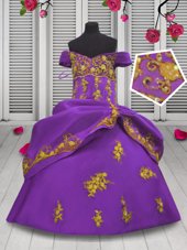 Latest Sleeveless Floor Length Beading and Appliques Lace Up Little Girl Pageant Gowns with Lilac