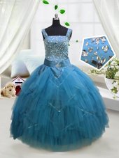 Amazing Aqua Blue Straps Neckline Beading and Ruffles Child Pageant Dress Sleeveless Lace Up