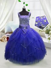 Latest Royal Blue Straps Lace Up Beading and Ruffles Kids Formal Wear Sleeveless