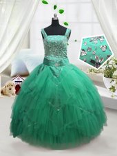 Turquoise Ball Gowns Tulle Straps Sleeveless Beading and Ruffles Floor Length Lace Up Little Girls Pageant Dress