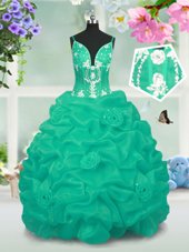 Cheap Pick Ups Ball Gowns Little Girls Pageant Gowns Turquoise V-neck Taffeta Sleeveless Floor Length Lace Up