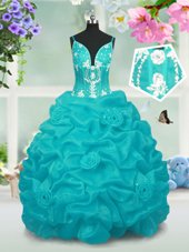 Beauteous Baby Blue Ball Gowns V-neck Sleeveless Taffeta Floor Length Lace Up Beading and Pick Ups Little Girls Pageant Dress