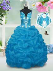 Affordable Baby Blue V-neck Lace Up Beading and Pick Ups Little Girl Pageant Dress Sleeveless