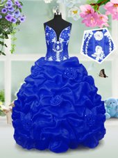 Stunning Sleeveless Taffeta Floor Length Lace Up Little Girls Pageant Dress in Royal Blue for with Beading and Pick Ups