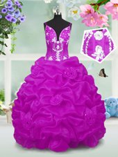 Dazzling Fuchsia V-neck Lace Up Beading and Appliques and Pick Ups Girls Pageant Dresses Sleeveless